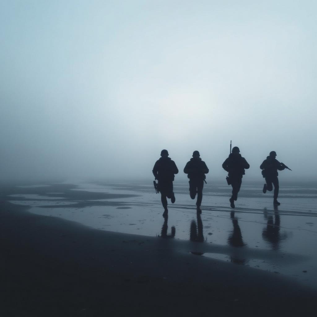 Navy SEAL squad running on the beach at dawn